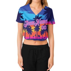 Trees Custom Royal Hawaii Jersey 3D Women's Pink-Light Cropped V-Neck Blue Palm Baseball